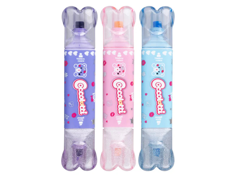 Set 3 Evidenziatori con Timbro Coccolotti – Glitter & Cuoricini